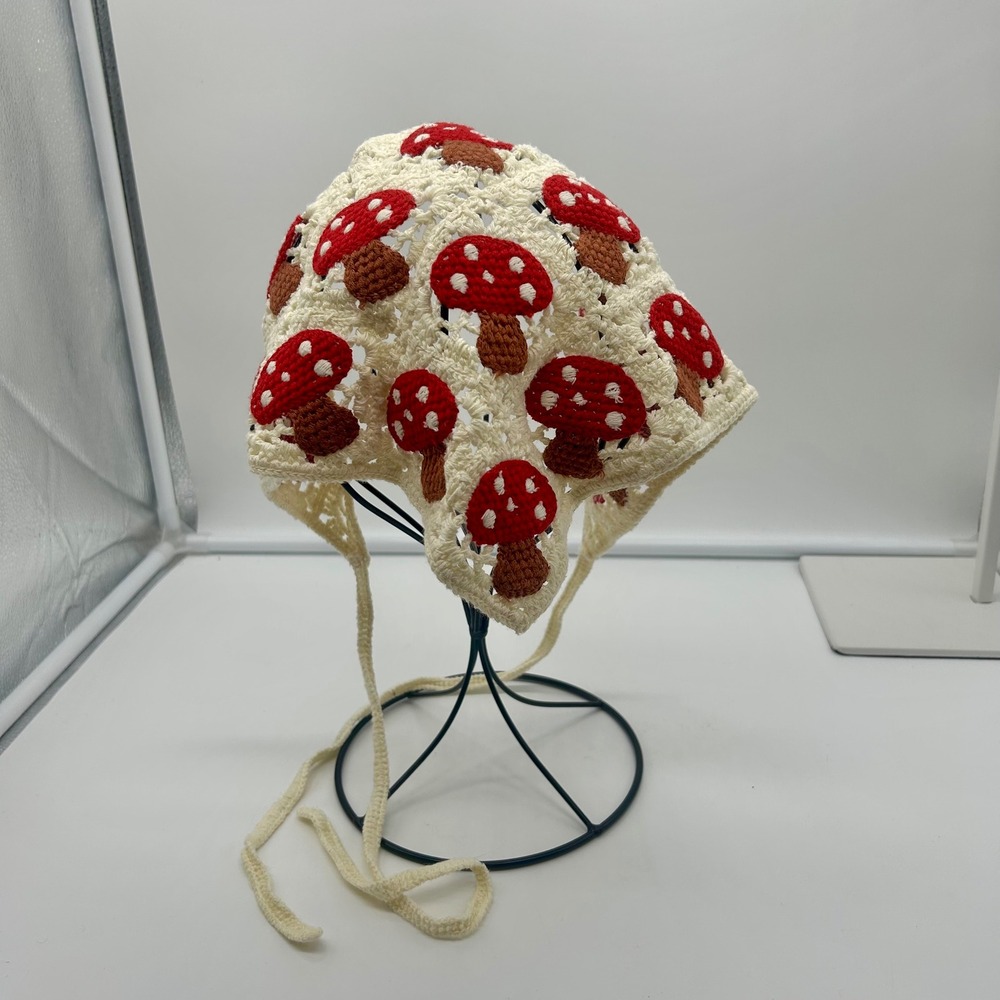 Crochet Mushroom Bandana‎ Headscarf Cream Red Toadstool Boho Festival - Picture 3 of 5